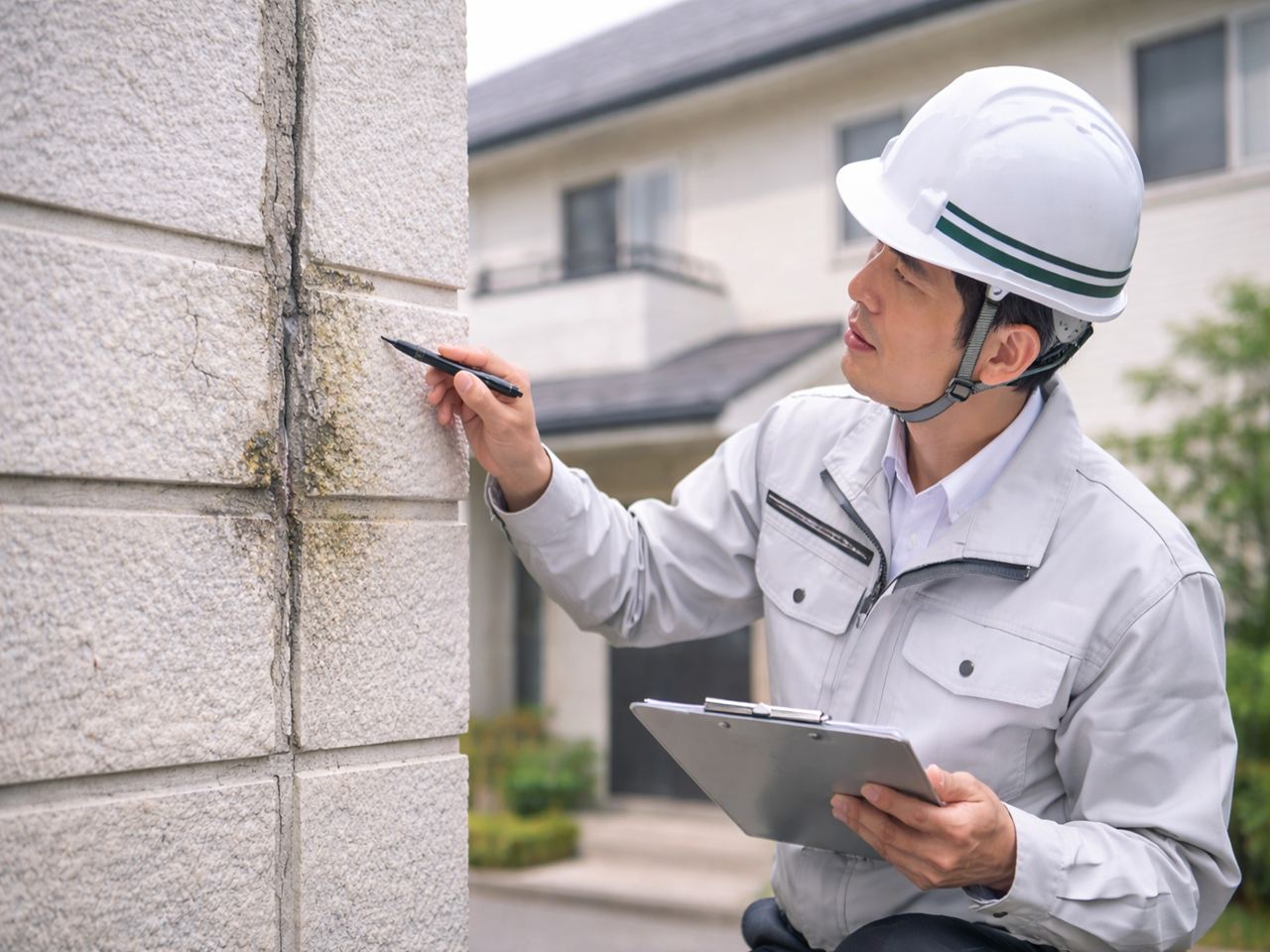 住宅診断で外壁コーキングやひび割れを点検している作業風景