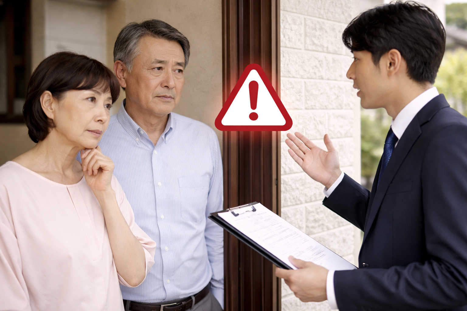 訪問販売の営業マンからリフォームの提案を受け、不安そうに話を聞く高齢夫婦の様子