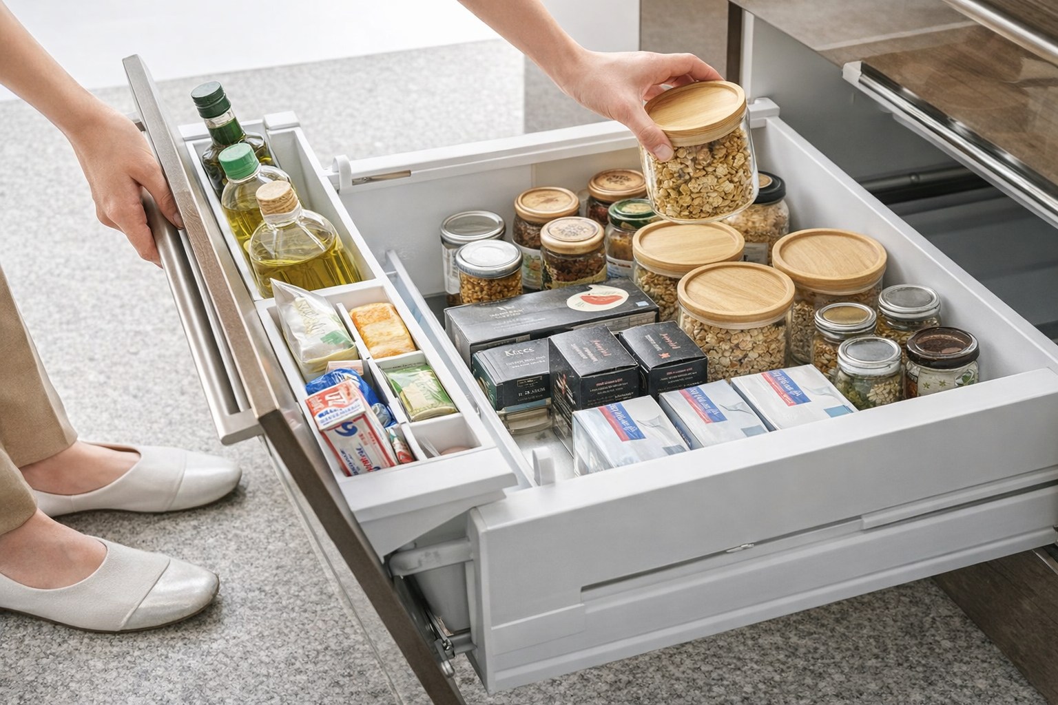 引き出し収納で整理された使いやすいキッチン収納(調味料・食品ストック)